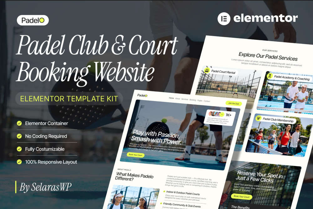 Padel Club & Court Booking Elementor Template