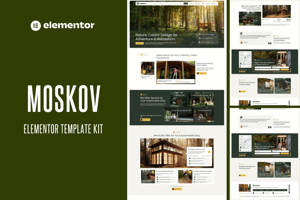 Eco-Friendly Cabin Rental Adventure Elementor Template