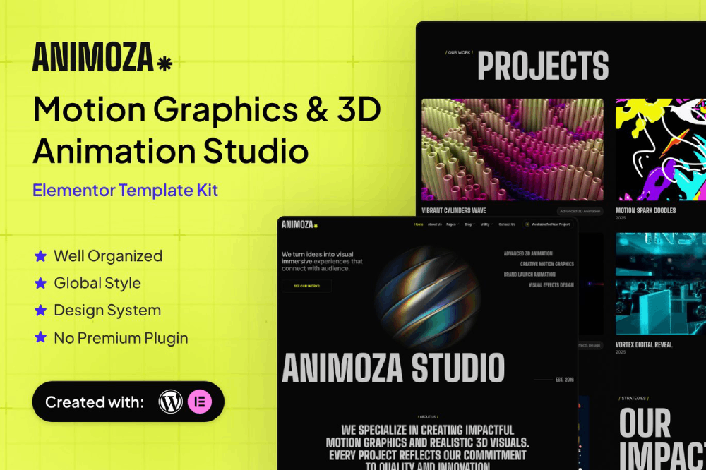Motion Graphics & 3D Animation Studio Elementor Template